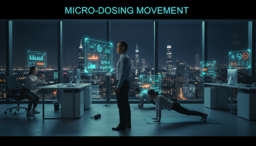 The Micro-Dosing Movement: Why 5-Minute “Exercise Snacks” Are Better Than 1-Hour Gym Micro-Dosing Movement exercise snacks showing professionals doing squats and planks in a high-tech 2026 office environment with digital health data overlays.