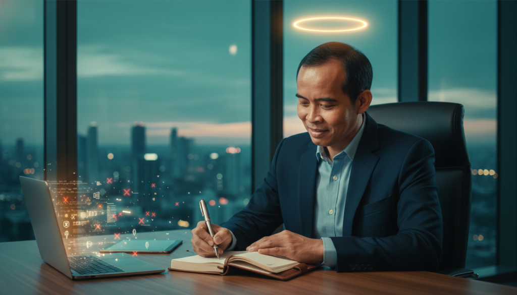 Digital Deceleration concept showing a professional man focusing on analog writing in a journal while ignoring digital distractions and AI data streams in a modern 2026 office.