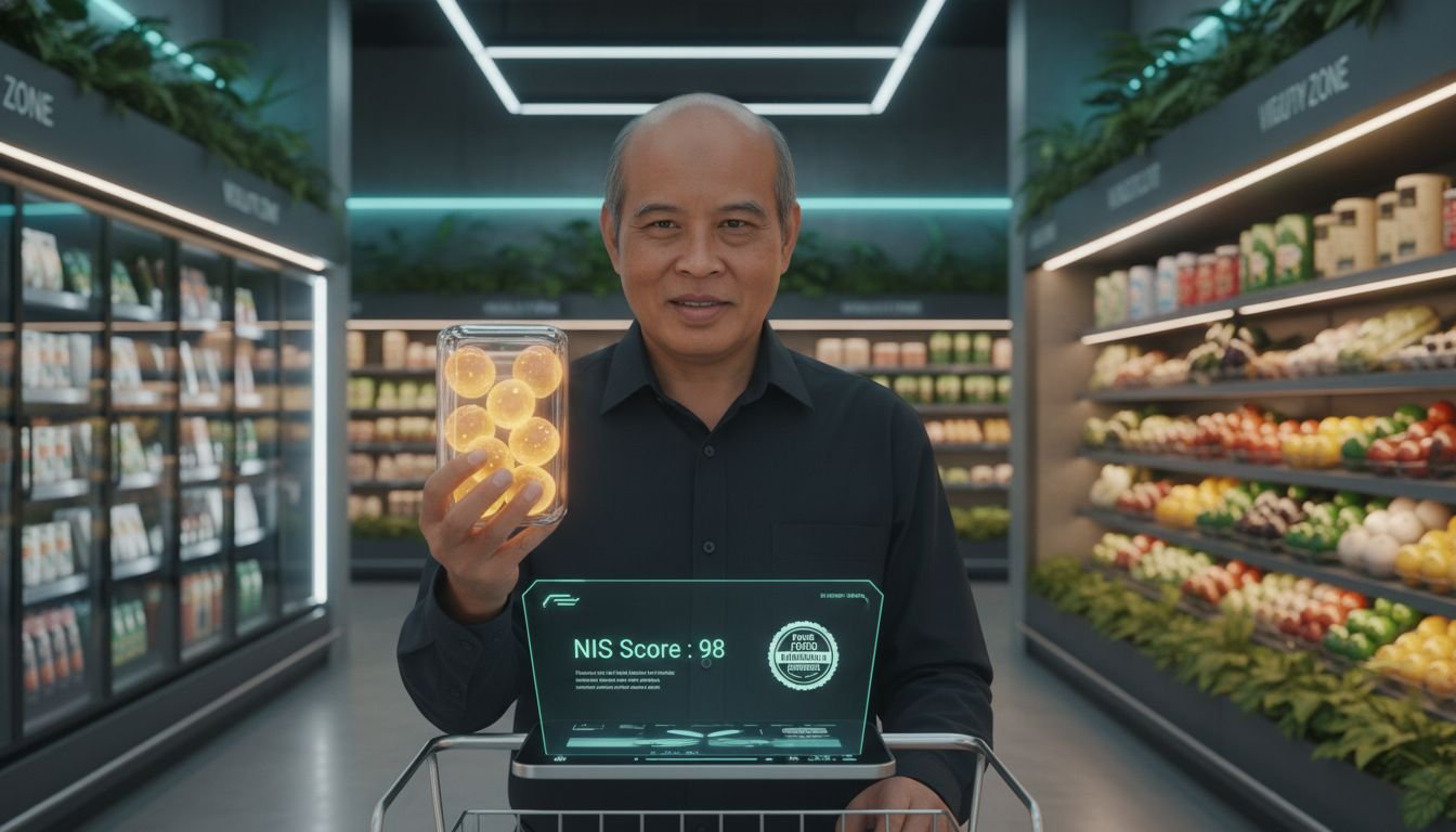 Home A person in a futuristic 2026 supermarket holding glowing fresh berries with a holographic Nutrient Integrity Score (NIS) of 98 displayed above them, signifying the Pure Food Mandate.