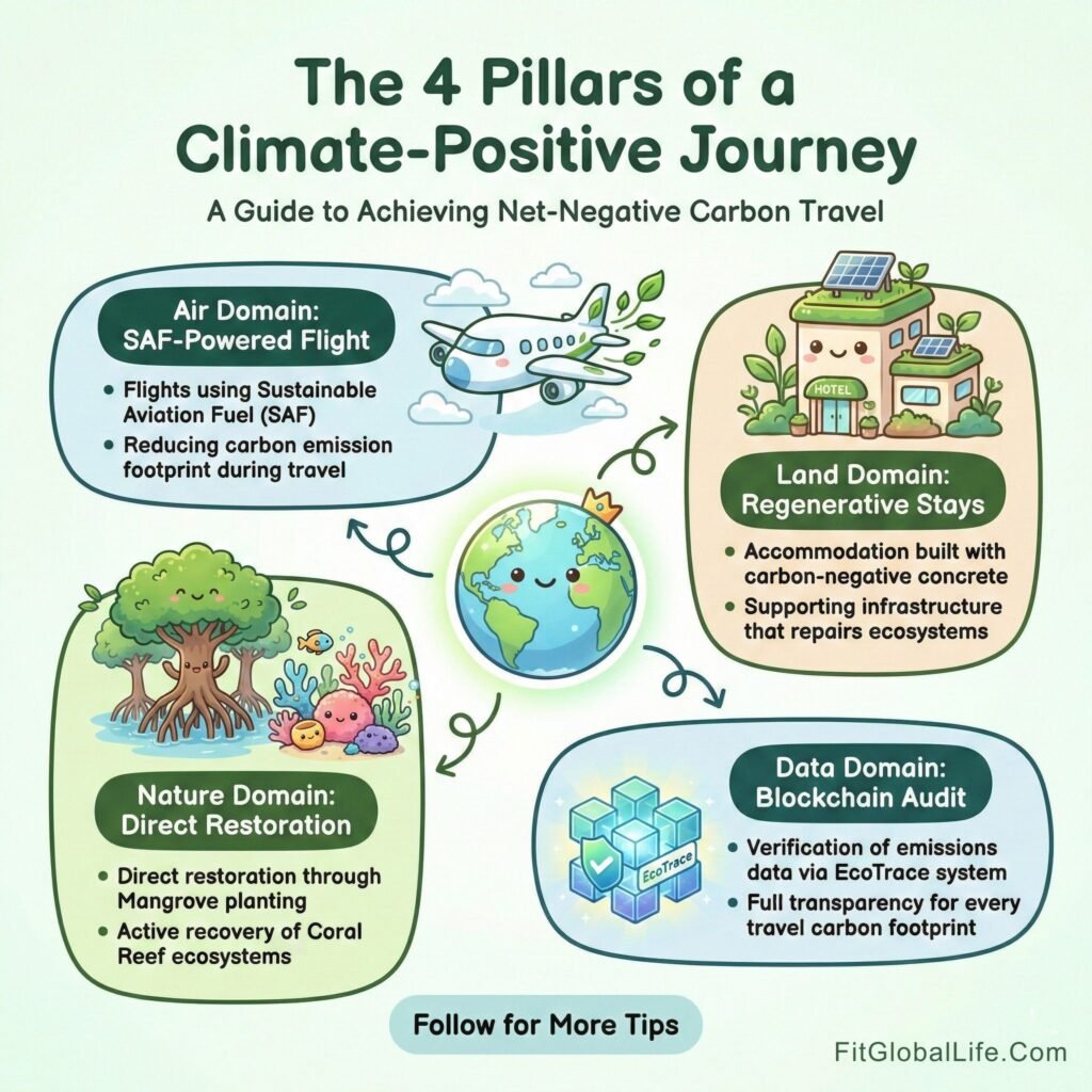 Climate-Positive Jetsetting: A Guide to Carbon-Negative Luxury Travel Infographic of the 4 pillars of carbon-negative luxury travel including SAF aviation, regenerative stays, and blockchain auditing