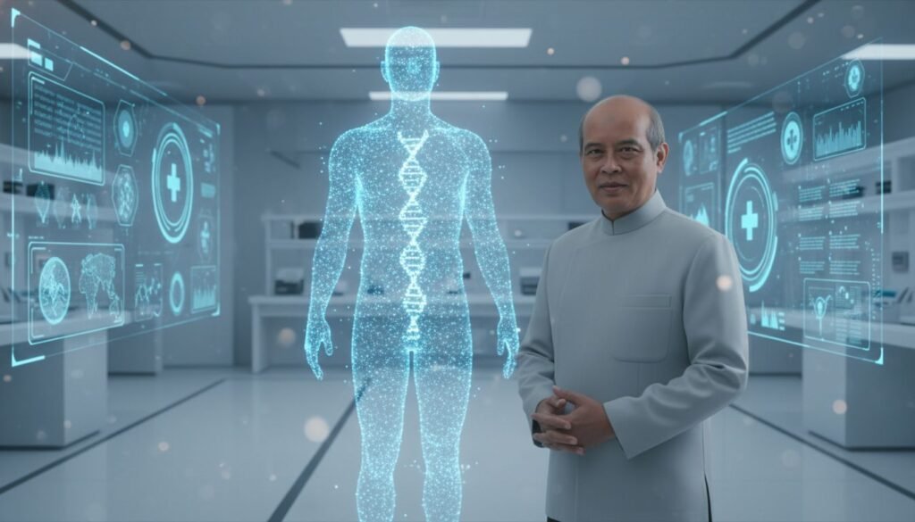 The AI-Simulated Biological Twin: Why Your Digital Double is the Key to Living to 120 AI-Simulated Biological Twin standing next to a human in a futuristic lab