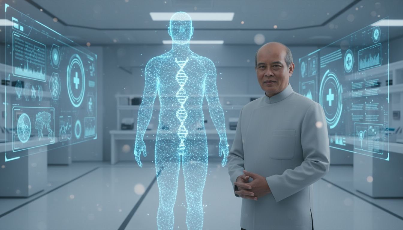 Home AI-Simulated Biological Twin standing next to a human in a futuristic lab