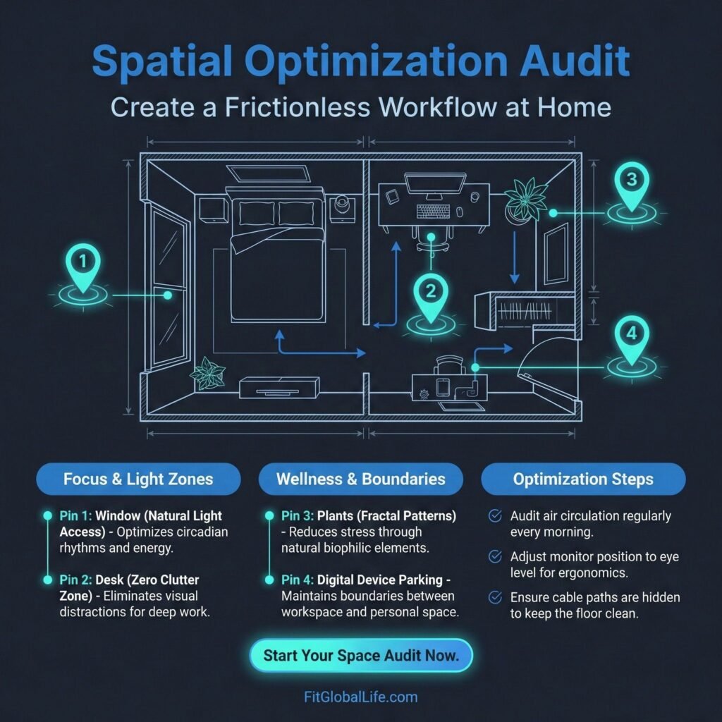 A spatial audit blueprint for Neuro-Architecting Your Morning identifying light sources, clutter-free zones, and biophilic anchors.