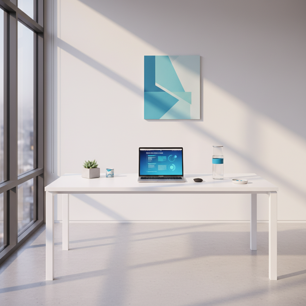 Minimalist modern workspace with morning sunlight, laptop, plant, and clean desk representing focus and biotech productivity