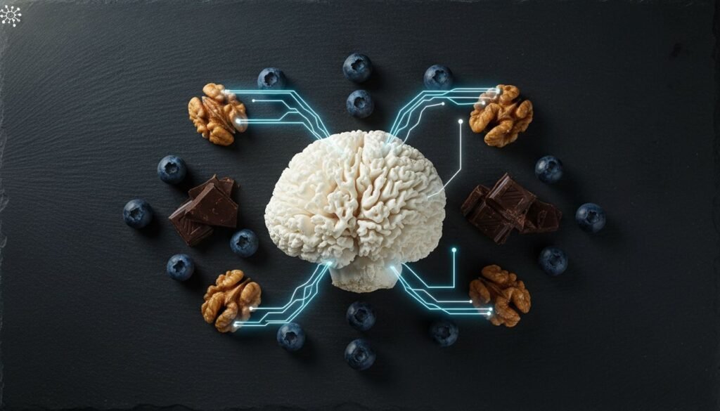 Nootropic Nutrition 2026: How to Plan Your Diet for Maximum Mental Clarity Futuristic flat lay of nootropic foods like Lion's Mane mushroom and blueberries with glowing neural connection lines for cognitive clarity.