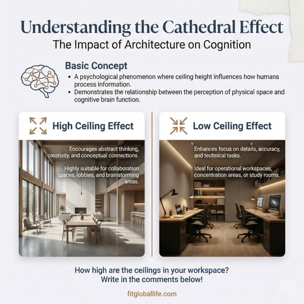 Infographic showing the Cathedral Effect: high ceilings for creativity and low ceilings for analytical focus.