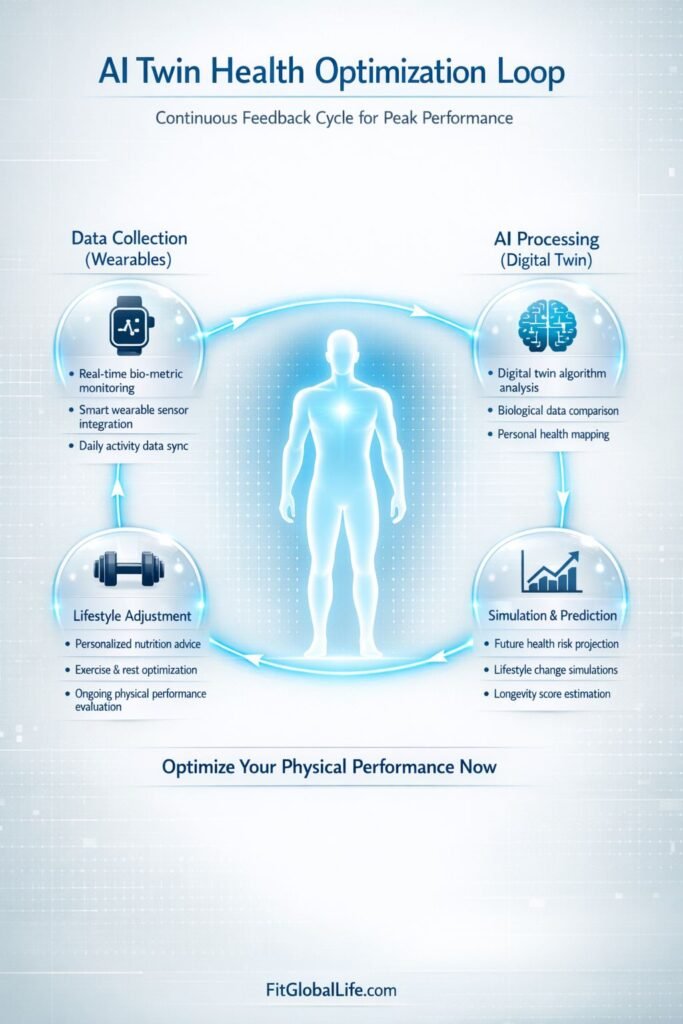 The AI-Simulated Biological Twin: Why Your Digital Double is the Key to Living to 120 Infographic showing the workflow of an AI-Simulated Biological Twin from data collection to lifestyle adjustment.