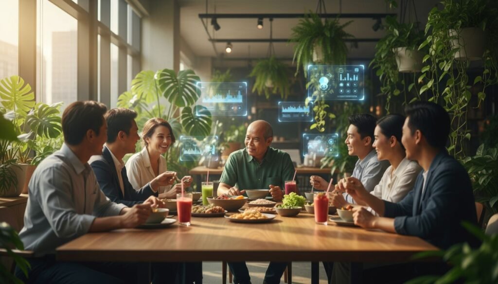 Social Wellness Micro-Communities: A group of friends using bio-tracking while sharing a healthy meal for mental longevity in 2026.