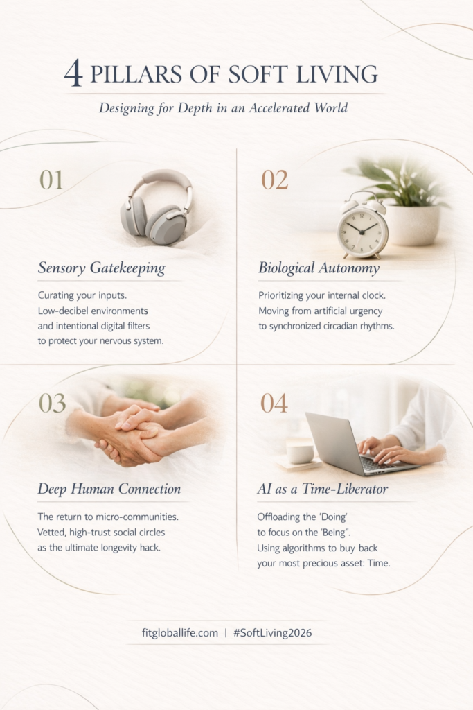 Minimalist infographic titled “4 Pillars of Soft Living” showing four wellness quadrants: sensory gatekeeping with headphones, biological autonomy with alarm clock and plant, deep human connection with hands holding, and AI as a time-liberator with laptop, using soft earthy tones and airy layout.