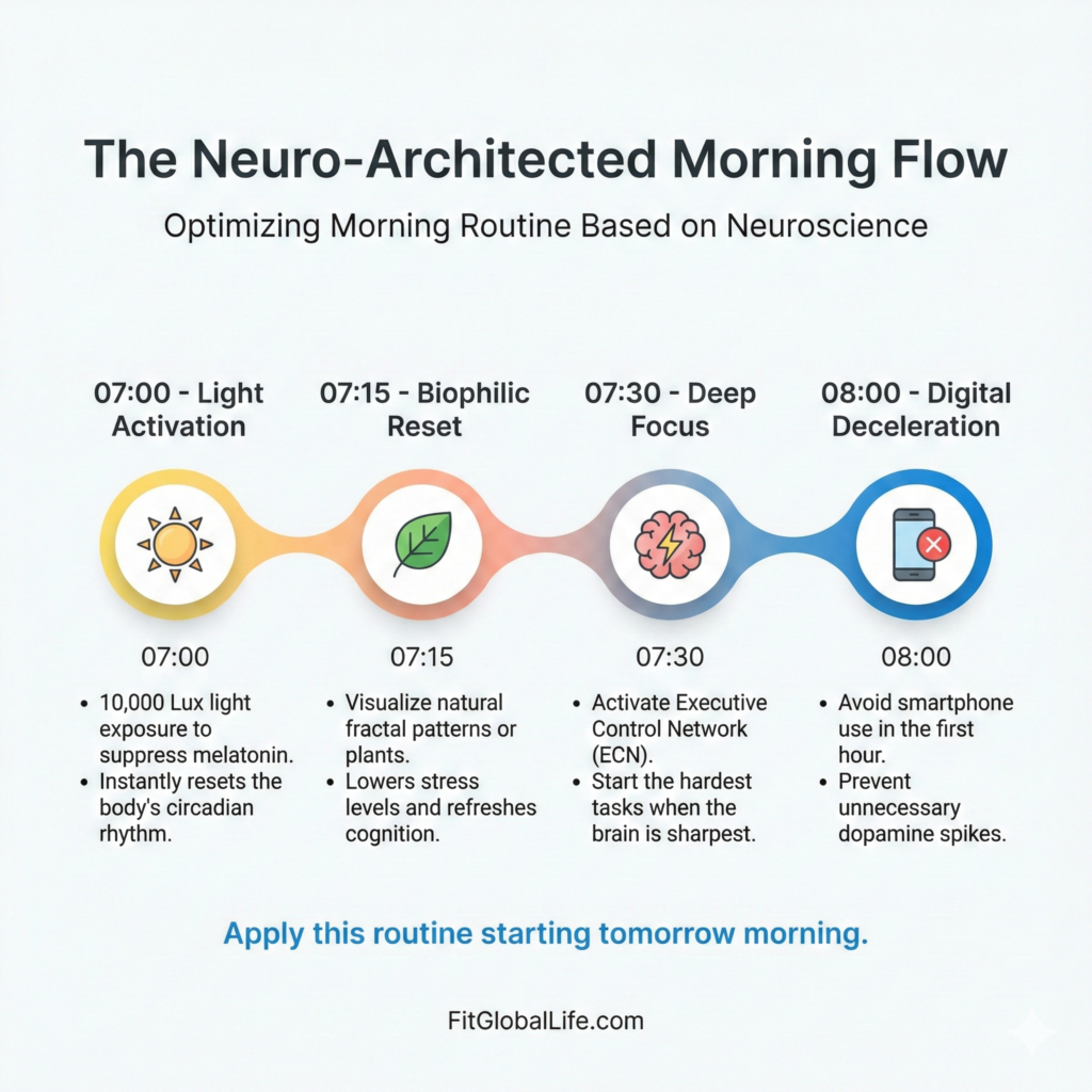 A visual timeline of a 2026 routine focused on Neuro-Architecting Your Morning through light exposure and neural priming.