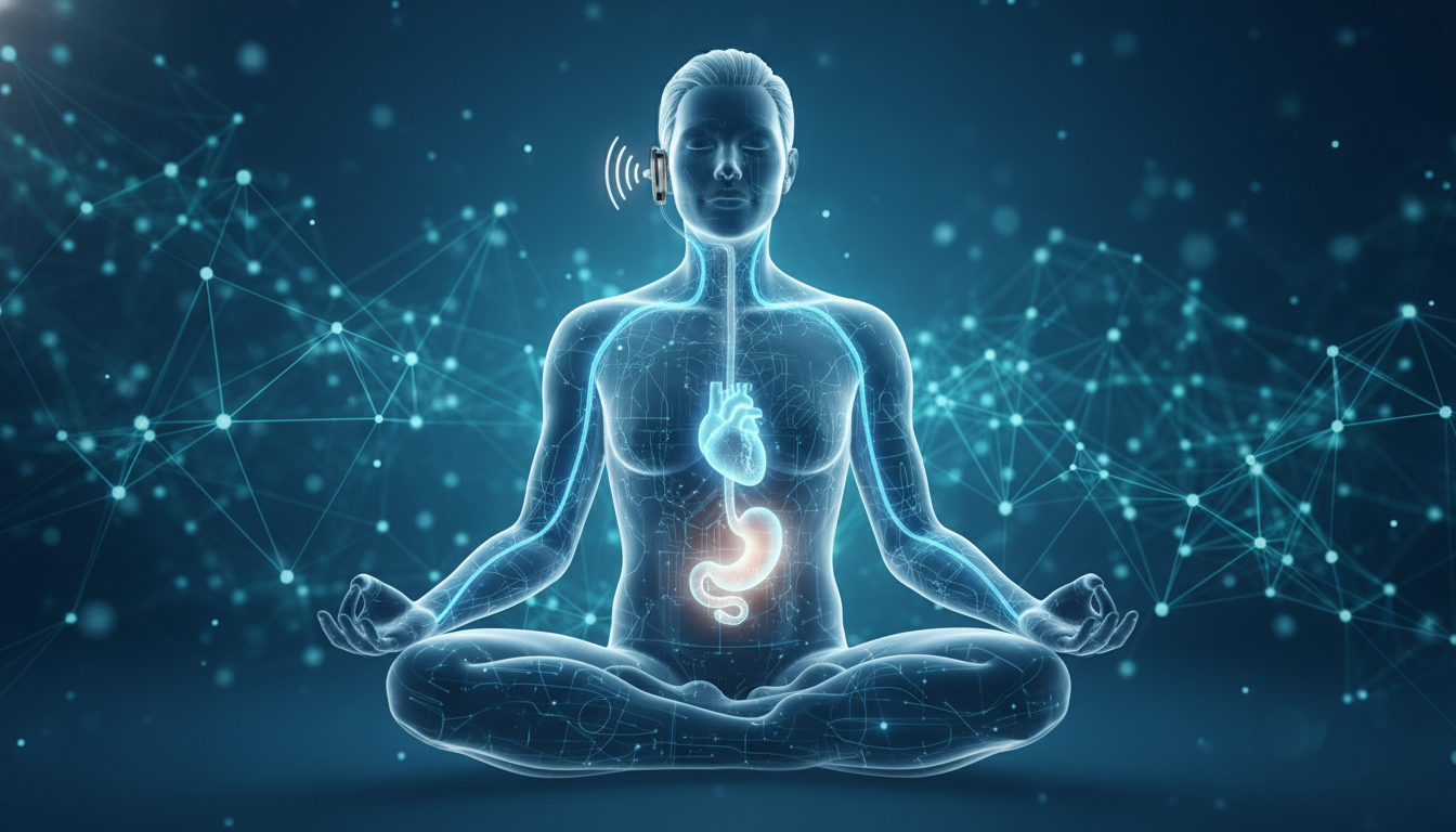 Futuristic illustration of Vagus Nerve Stimulation 2026 showing a glowing blue neural pathway connecting brain to gut on a calm professional, featuring a tVNS ear-clip device for bio-hacking stress.