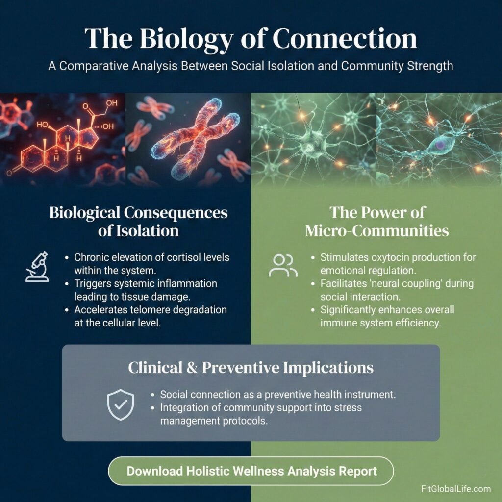 Infographic comparing the biological impact of loneliness vs. social wellness micro-communities