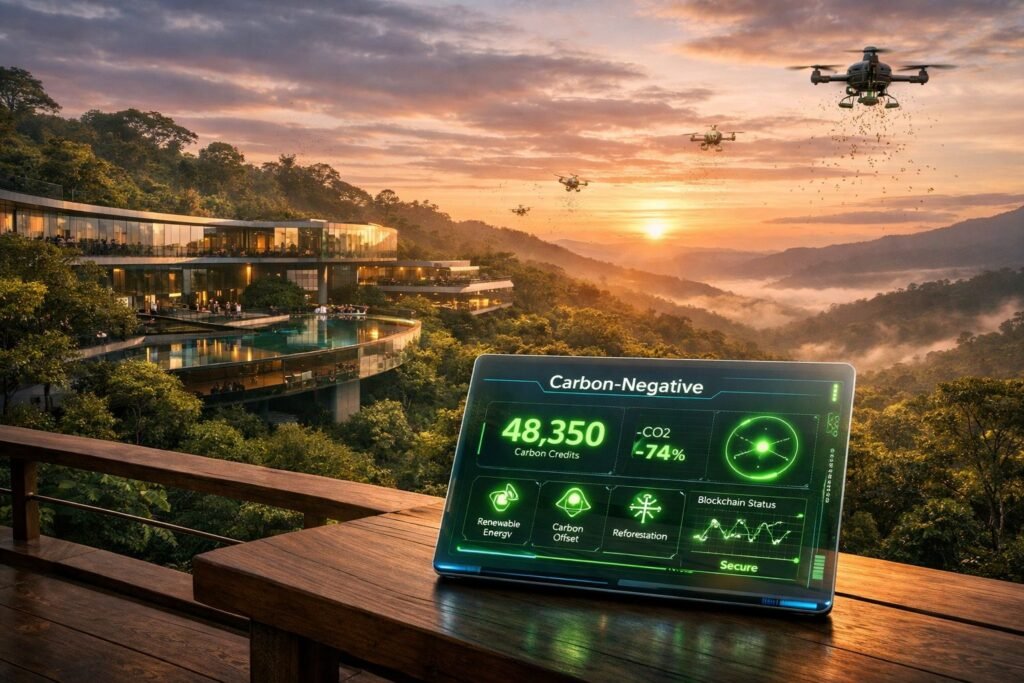 Climate-Positive Jetsetting: A Guide to Carbon-Negative Luxury Travel Carbon-Negative Luxury Travel: A futuristic eco-resort in a cloud forest using reforestation drones and blockchain tracking.