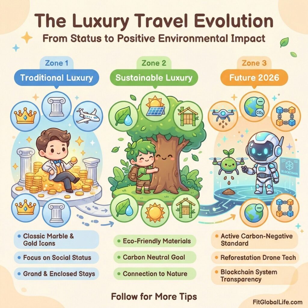 Climate-Positive Jetsetting: A Guide to Carbon-Negative Luxury Travel Infographic showing the evolution from sustainable luxury to 2026 carbon-negative luxury travel standards.