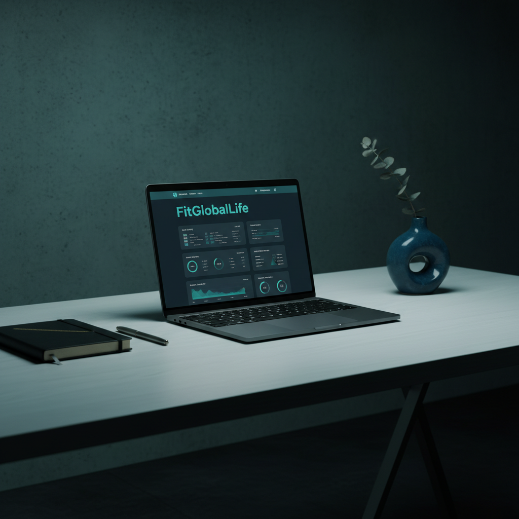 Media Kit FitGlobalLife media kit digital wellness publisher workspace showing website dashboard and professional editorial environment