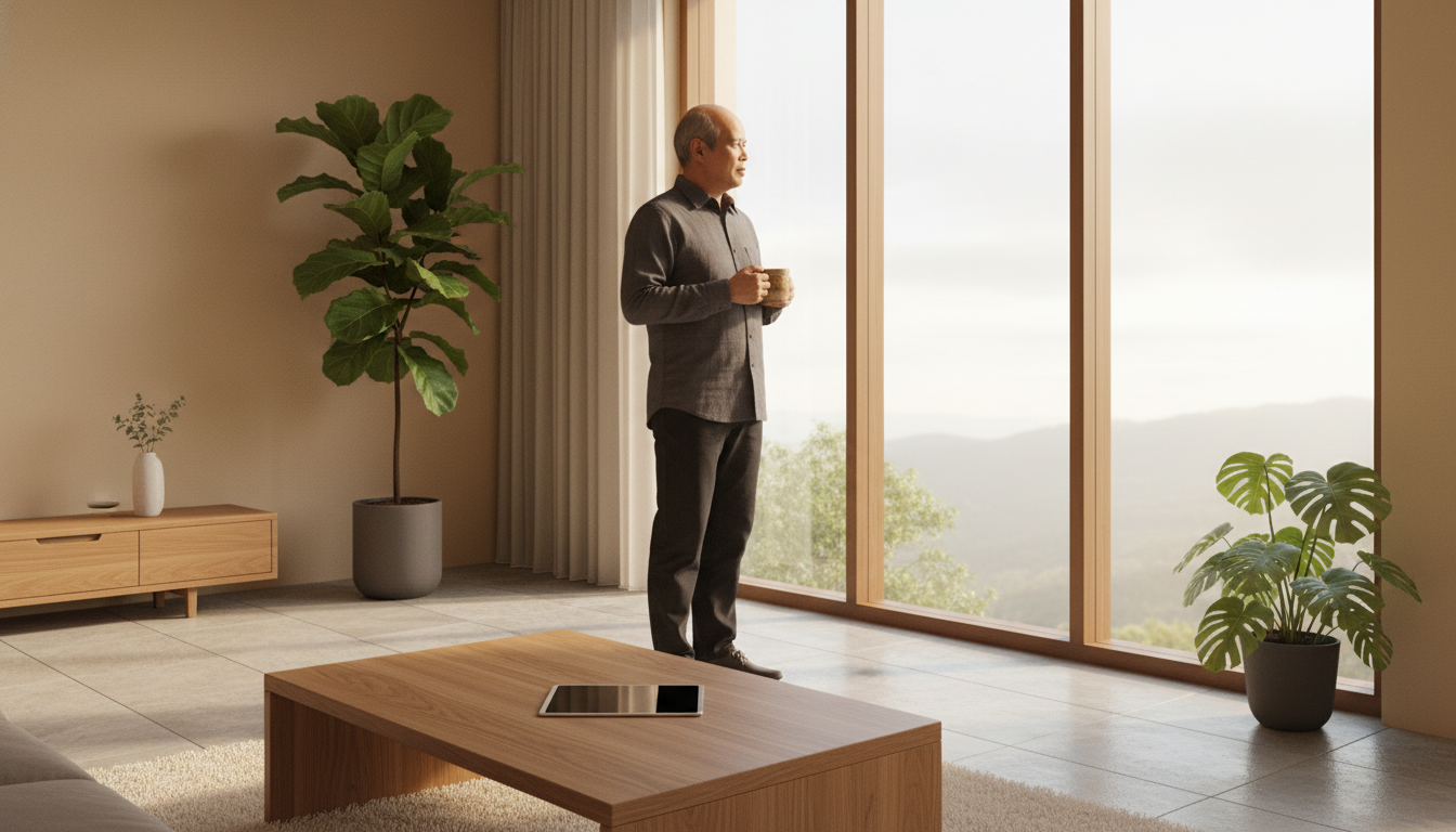 A minimalist and serene luxury living room in 2026 representing the Soft Living movement and the Post-Work Wellness Economy status symbol.