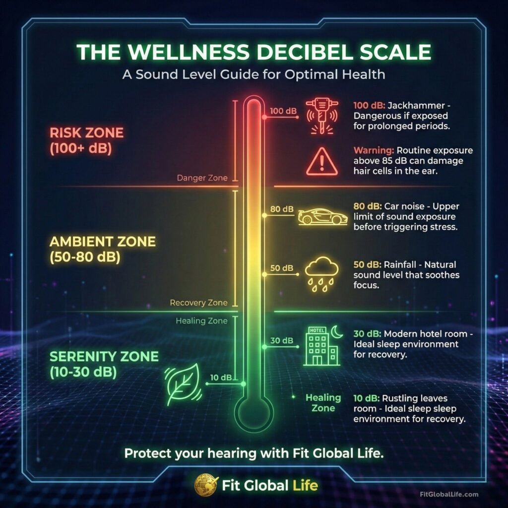 Wellness Decibel Scale infographic mapping sound levels from 10dB to 100dB and their impact on longevity and health.
