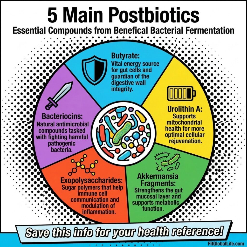 A circular chart featuring the five key postbiotics: Butyrate, Urolithin A, Akkermansia fragments, Exopolysaccharides, and Bacteriocins.