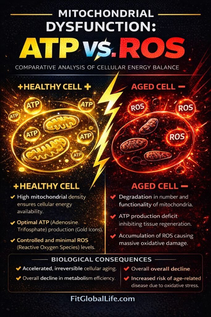 Comparison chart between a healthy cell with high ATP and an aged cell with high Reactive Oxygen Species (ROS)