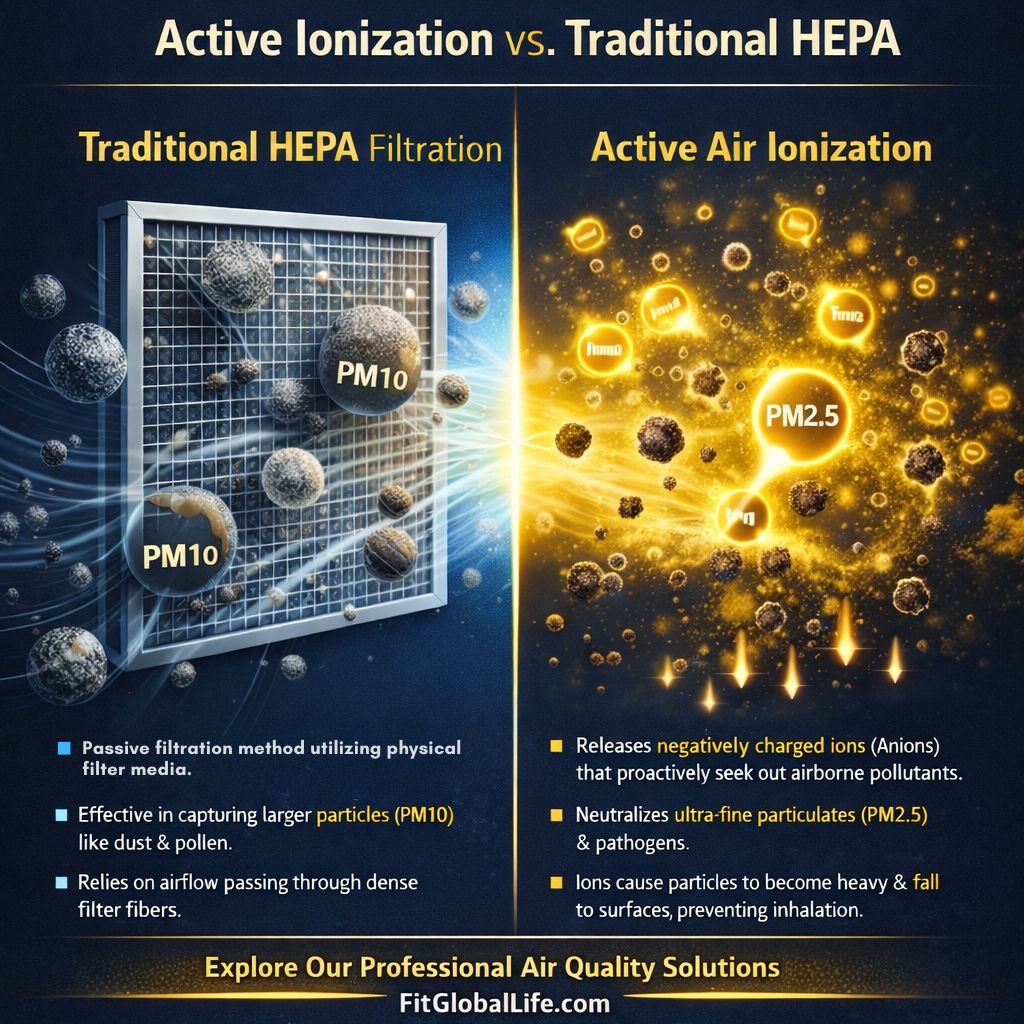 A comparison chart showing how active air ionization removes smaller particles (PM2.5) and improves atmospheric charge compared to standard HEPA filters.