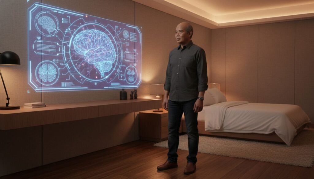 A focused 45-year-old professional analyzing a holographic neural map, symbolizing Neuro-Plasticity Over 40 and cognitive transformation.