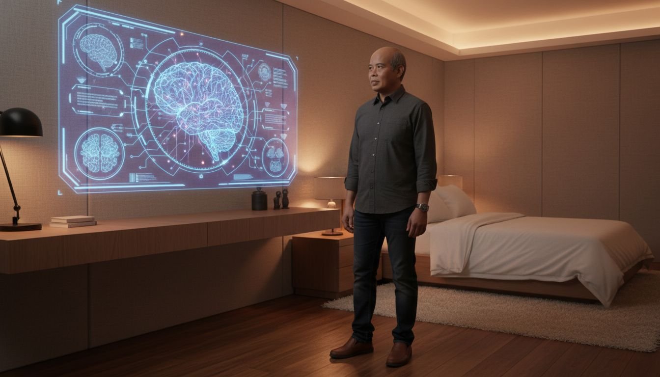 A focused 45-year-old professional analyzing a holographic neural map, symbolizing Neuro-Plasticity Over 40 and cognitive transformation.