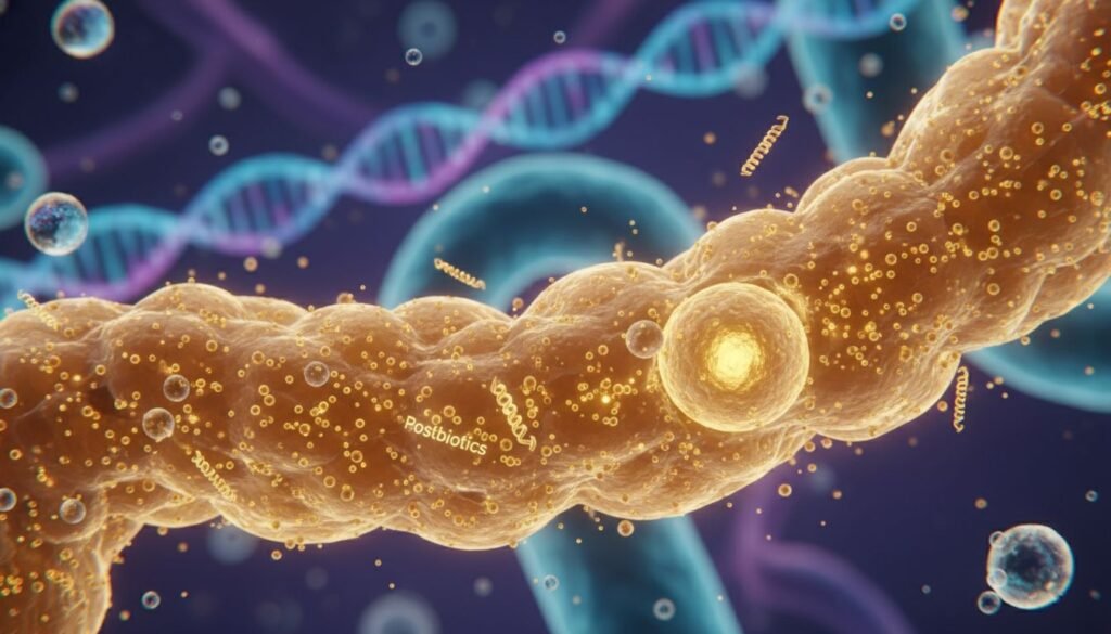 Post-Biotic Power visualization showing bioactive molecules strengthening the gut barrier and fueling cells.