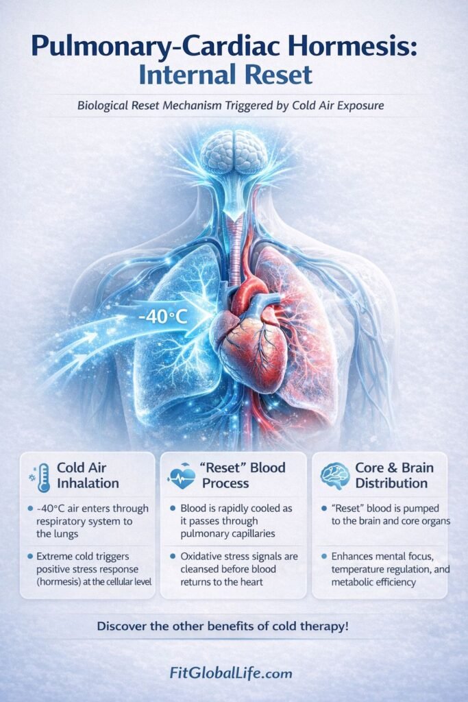 Sub-Zero Sanctuaries: The Science Behind Arctic Cold-Exposure Retreats in Scandinavia A scientific diagram illustrating Pulmonary-Cardiac Hormesis where breathing 40ºC Arctic air triggers an internal blood-cooling reset.