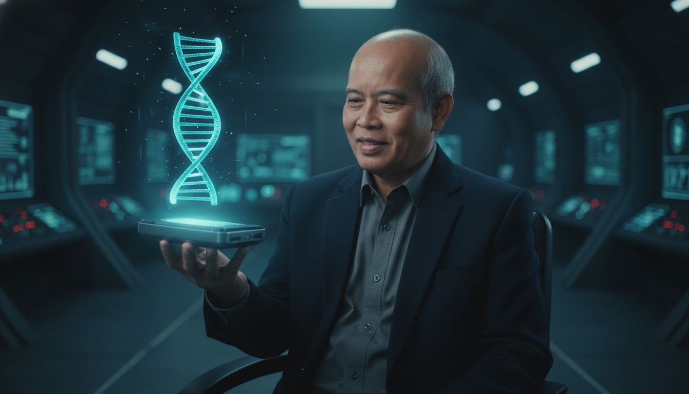 Home A high-tech professional holding an encrypted hardware device projecting a holographic DNA helix in the Sovereign Health Era.
