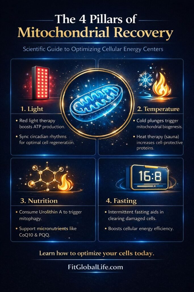 Infographic showing the four pillars of mitochondrial recovery: Light Therapy, Thermal Cycling, Targeted Nutrition, and Mitophagy.