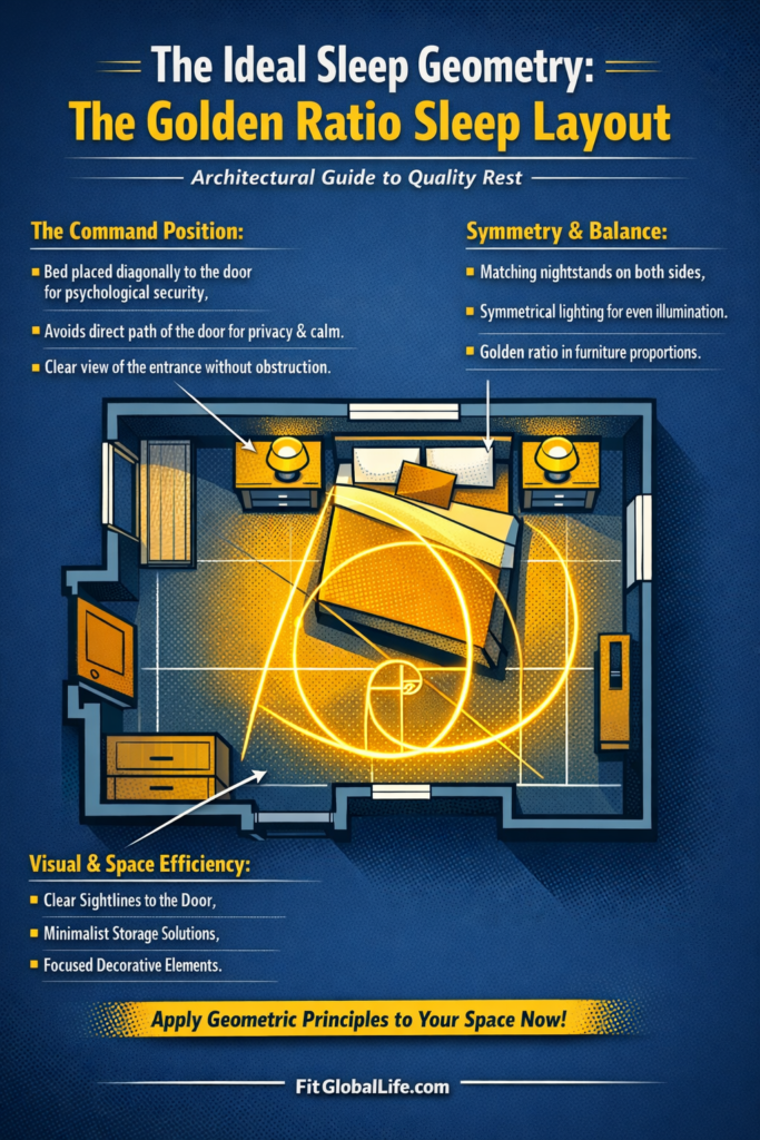 A 2D diagram showing the Golden Ratio applied to bedroom furniture placement for optimal sleep architecture and REM cycles.