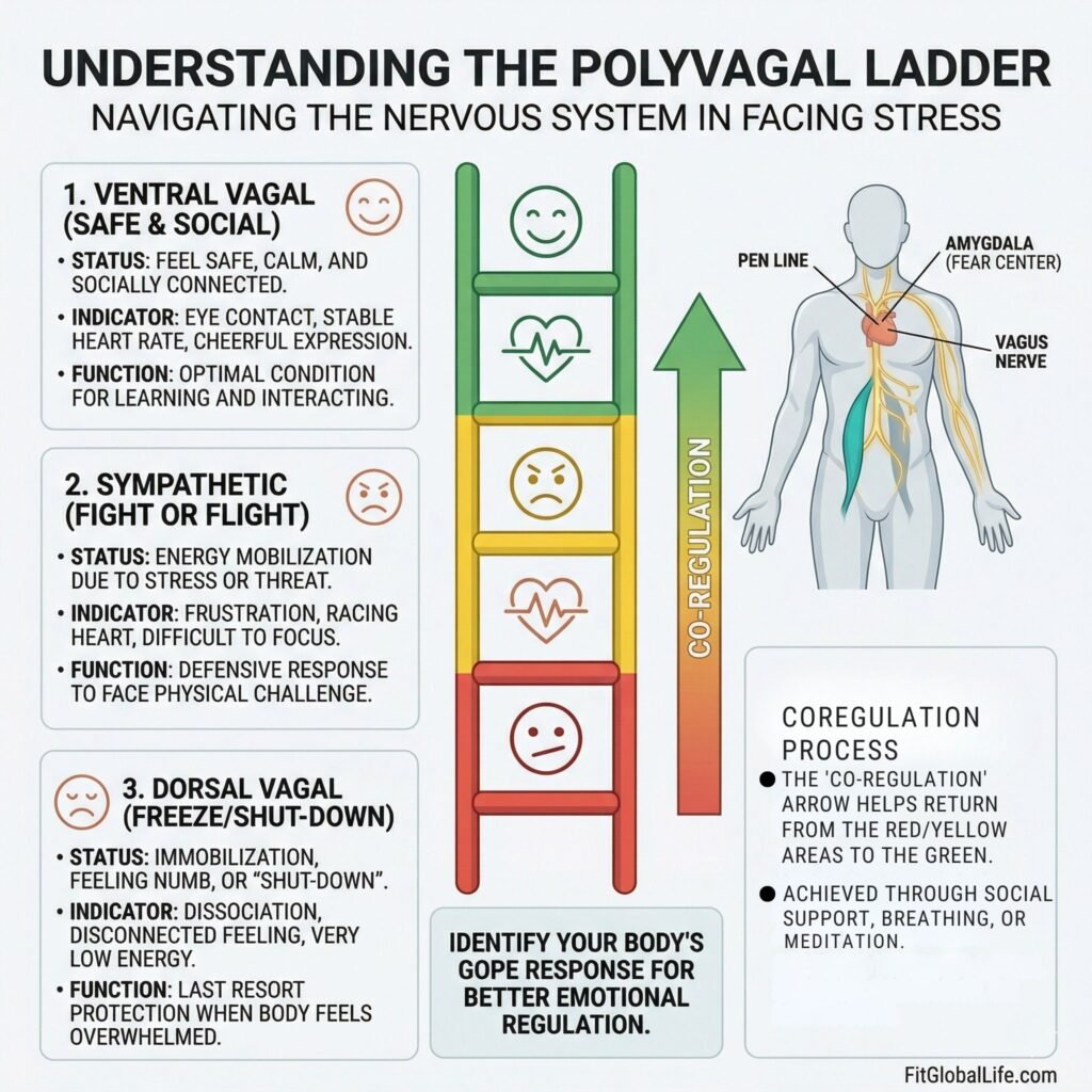 Diagram showing the 3 Polyvagal Parenting states: Ventral Vagal (Safe), Sympathetic (Mobilization), Dorsal Vagal (Freeze).