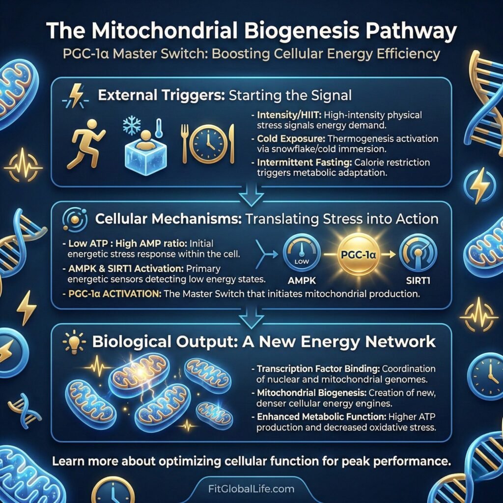 Flowchart of the PGC-1alpha pathway showing how hormetic stress triggers the growth of new mitochondria.
