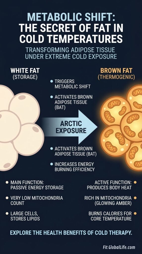 Sub-Zero Sanctuaries: The Science Behind Arctic Cold-Exposure Retreats in Scandinavia Infographic showing how Sub-Zero Sanctuaries trigger the browning of fat cells to increase mitochondrial density.
