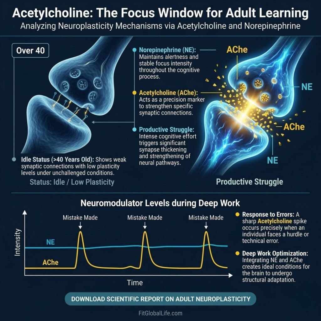 A scientific chart showing the release of Acetylcholine and Norepinephrine during the "Productive Struggle" phase of learning after age 40.