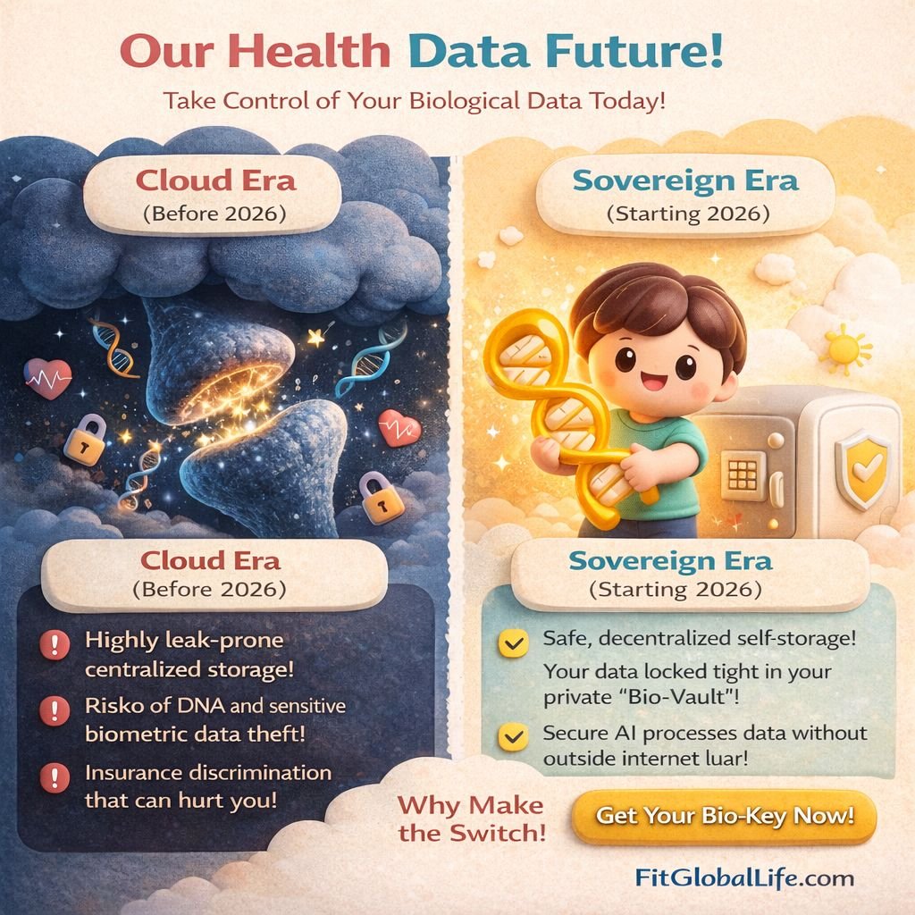 The Sovereign Health Era: Taking Your Bio-Data Off the Cloud and Into Personal Cold Storage A horizontal comparison infographic showing bio-data leaking from a central cloud server vs. secured data in the Sovereign Health Era architecture.