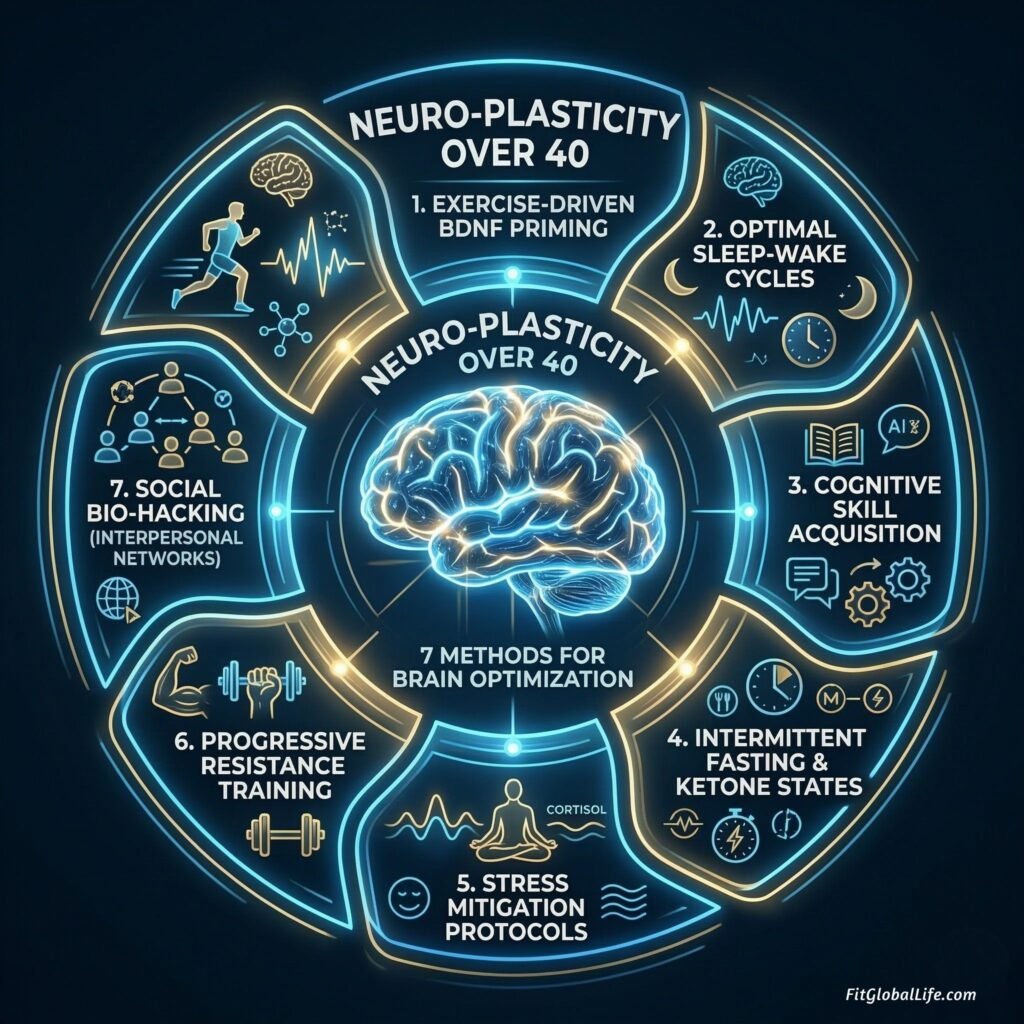 Infographic diagram showing the 7-step feedback loop of Neuro-Plasticity Over 40, including BDNF priming, deep work, and synaptic repair.