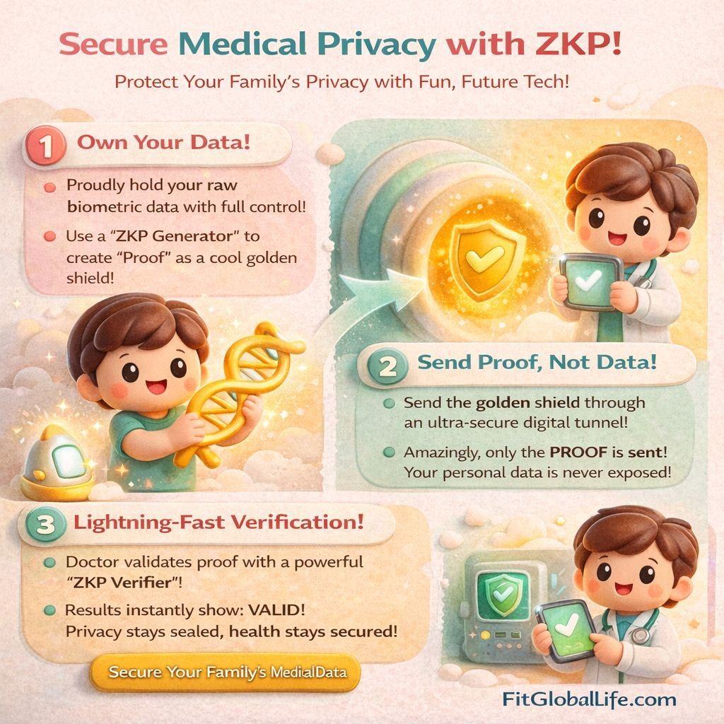 The Sovereign Health Era: Taking Your Bio-Data Off the Cloud and Into Personal Cold Storage Diagram showing a Zero-Knowledge Proof (ZKP) process where a biohacker proves health status without revealing raw biometric data.