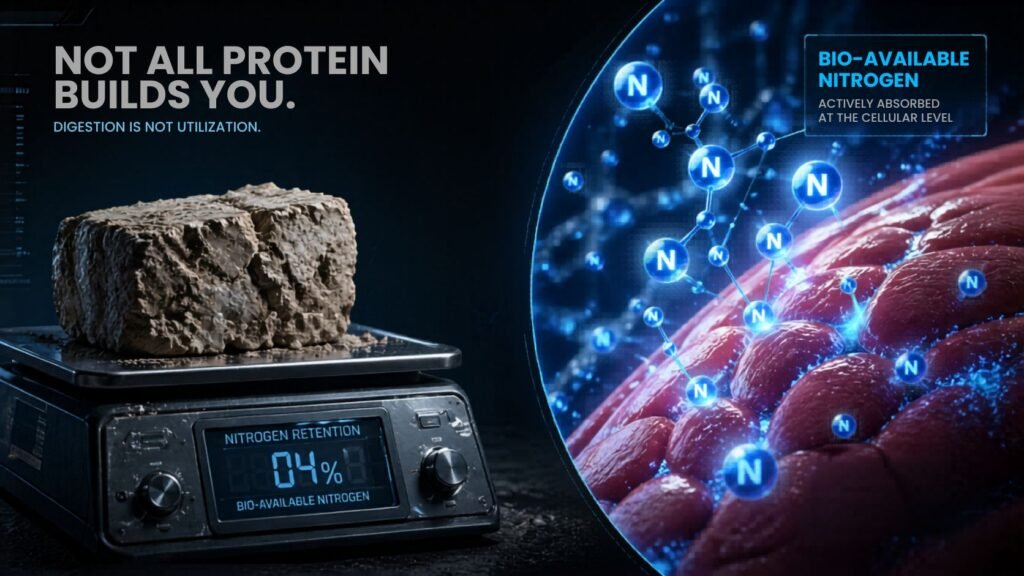 Bio-Available Nitrogen conceptual 3D render showing muscle synthesis.