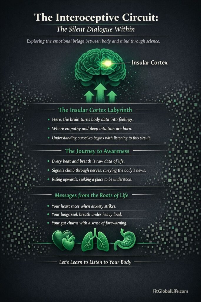 Interoception: The "Sixth Sense" You Need to Master for Total Stress Control Infographic showing the flow of signals from organs to the Insular Cortex for Interoception.