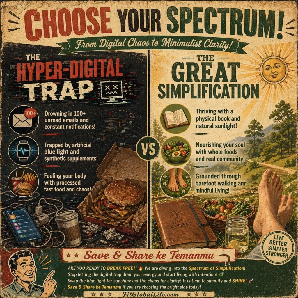 Infographic comparing a stressful tech-heavy lifestyle with the calm principles of The Great Simplification.