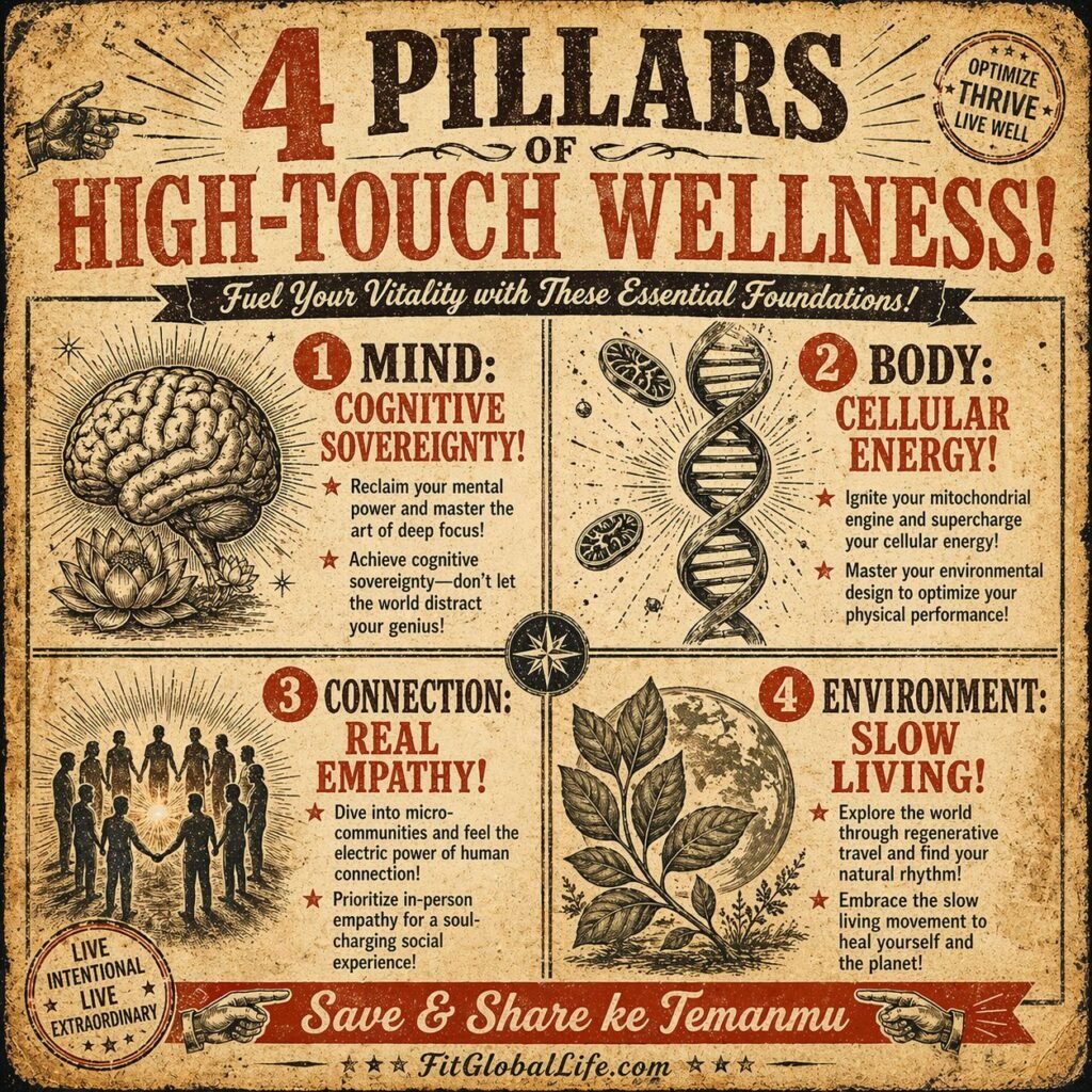 A matrix infographic detailing the four main pillars of The Great Simplification and High-Touch living.