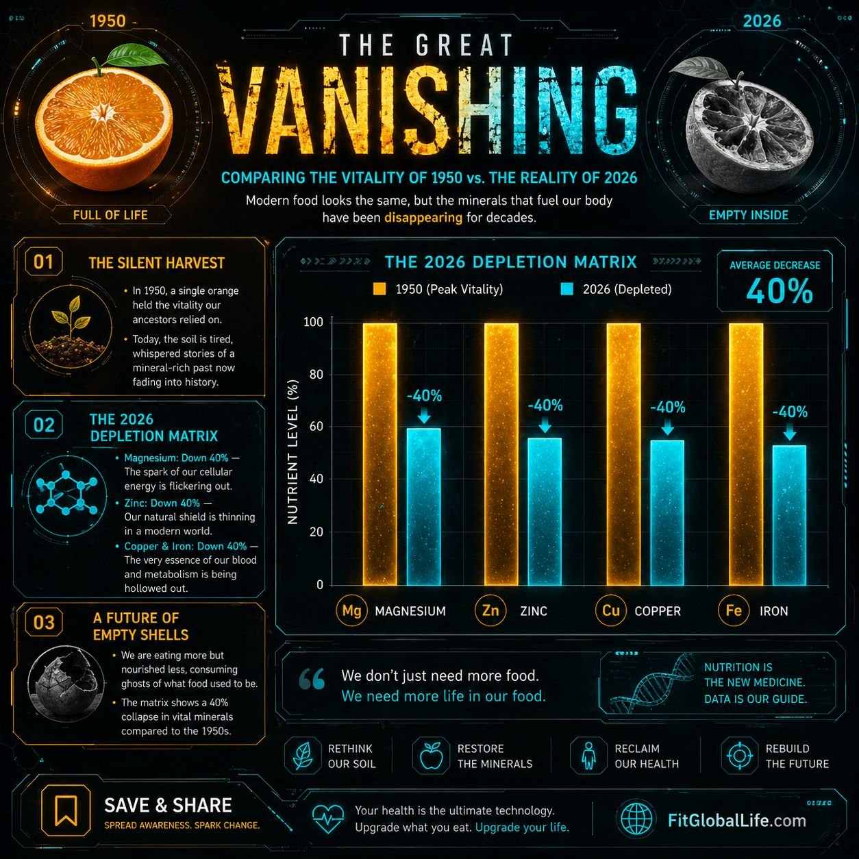 Chart showing mineral deficiency in organic food from 1950 to 2026