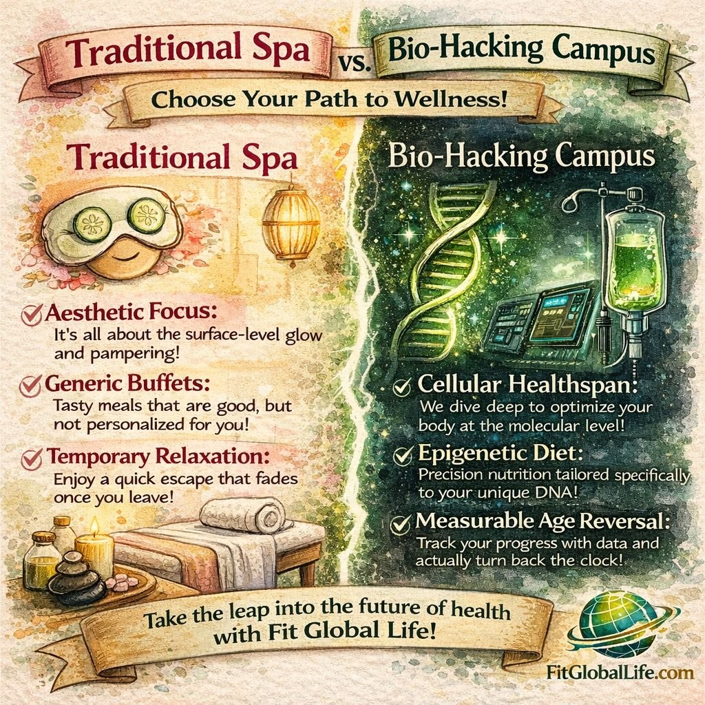 A comparison table showing the differences between a traditional spa vacation and a 2026 Bio-Hacking Campus.