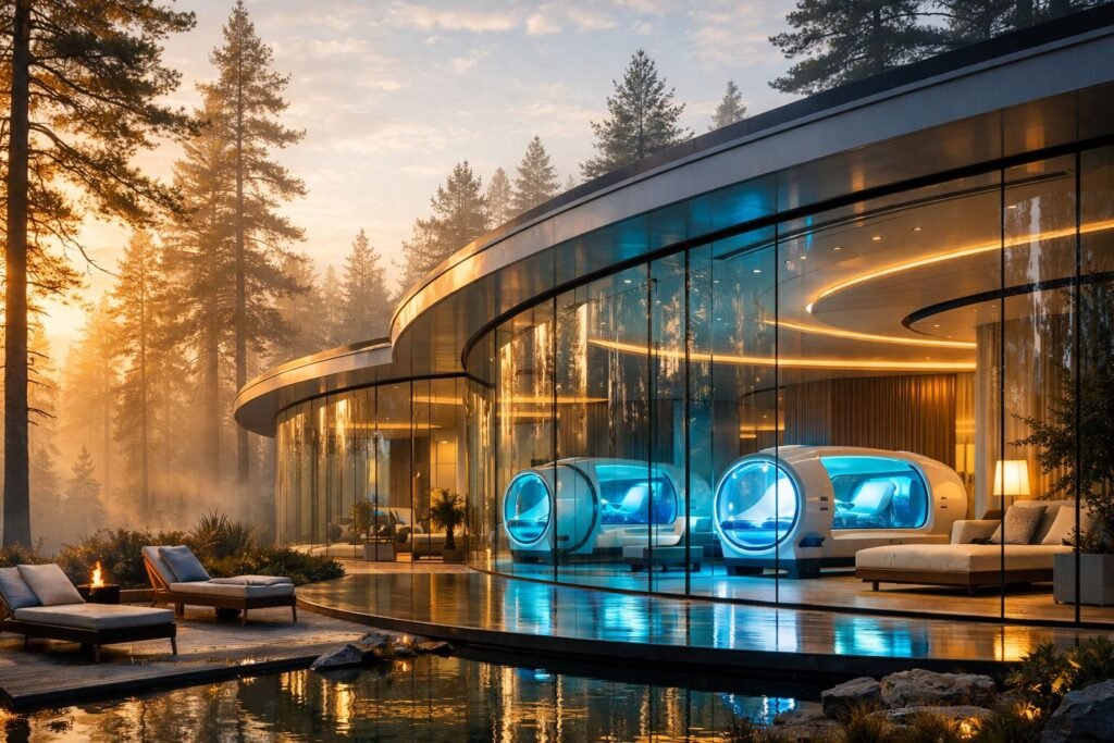 An ultra-modern Bio-Hacking Campus blending pristine nature with advanced medical technology for cellular regeneration.