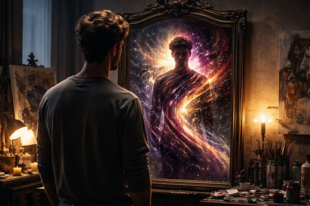 A symbolic representation of the Shadow Work Blueprint showing a person facing their darker, creative reflection.