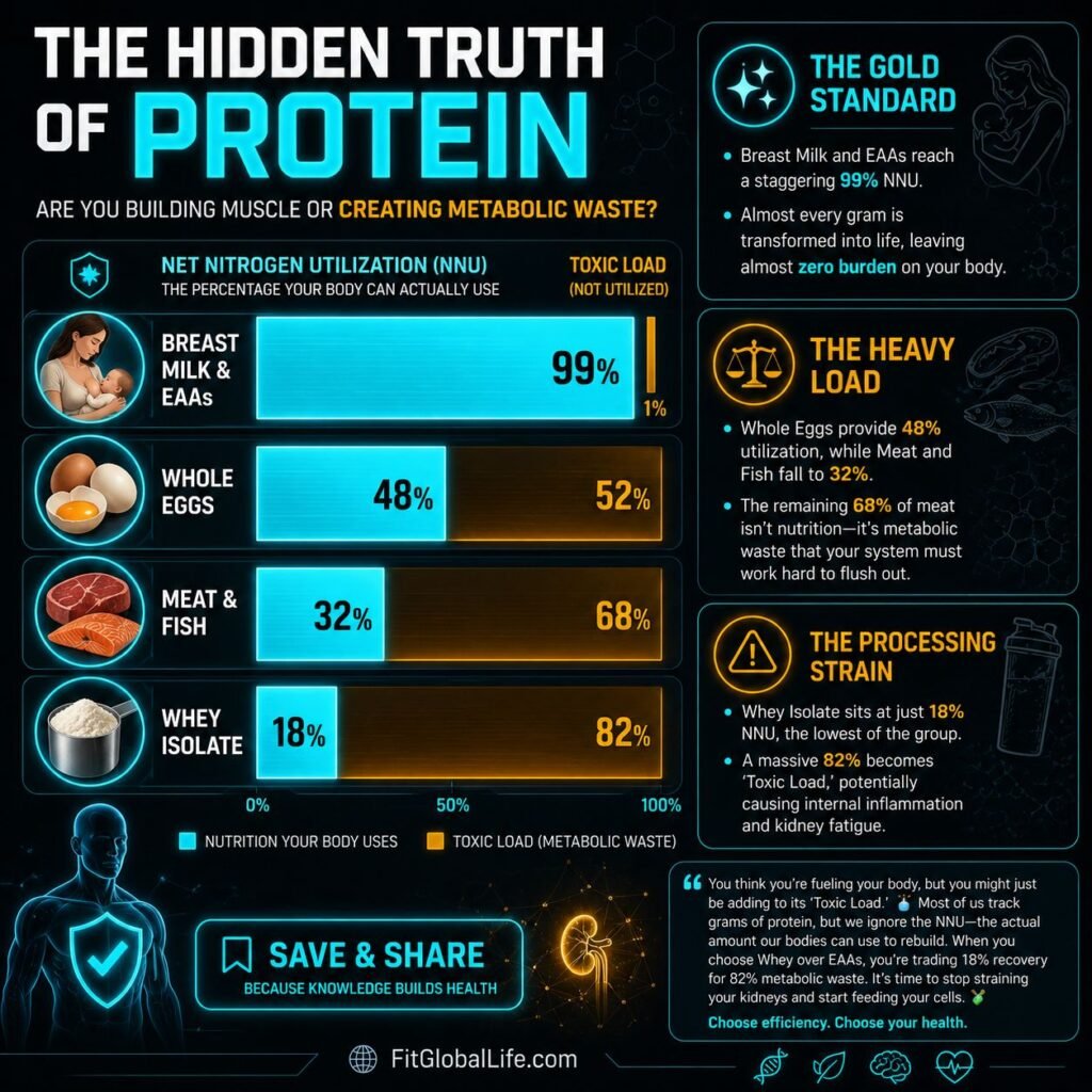 Bio-Available Nitrogen: Infographic comparing Net Nitrogen Utilization of various protein sources.