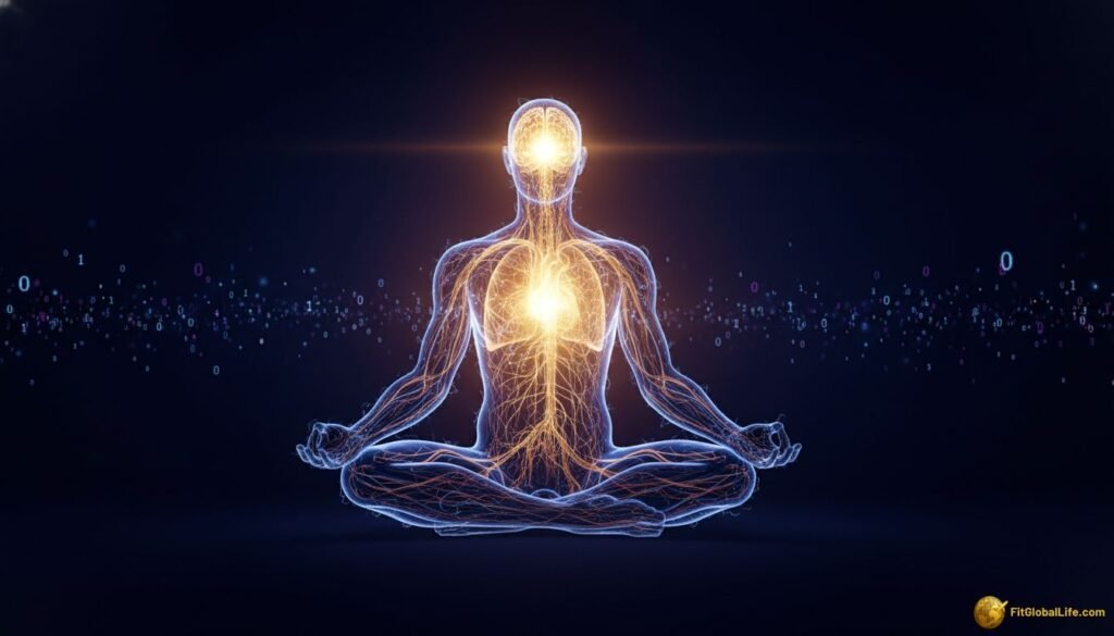 Interoception: The "Sixth Sense" You Need to Master for Total Stress Control A symbolic representation of Interoception showing a human silhouette with glowing internal organs and a calm brain.