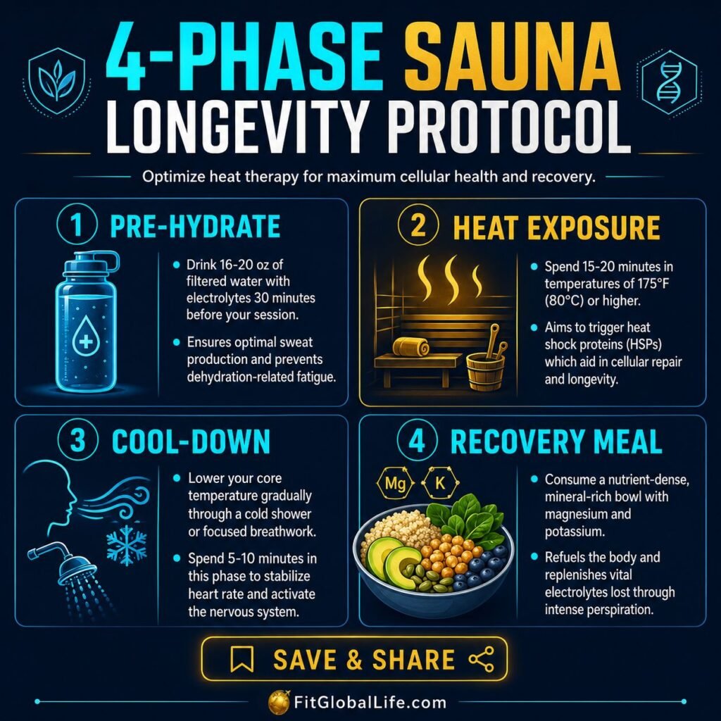 sauna longevity protocol infographic showing heat exposure cool-down hydration and recovery