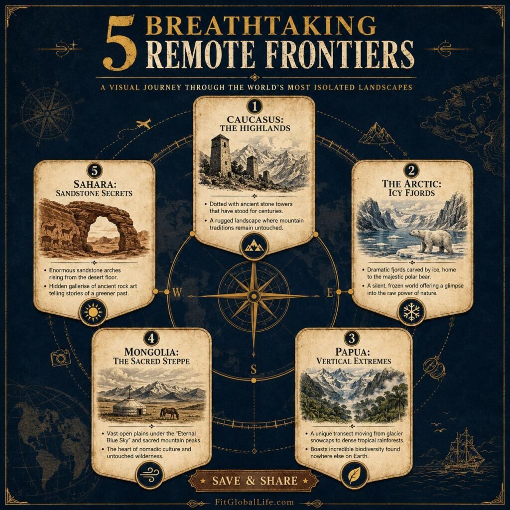 Unmapped guide infographic showing five remote regions beyond GPS